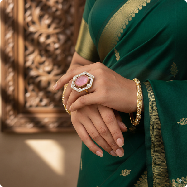 💍 Hexagon Pink Stone Statement Ring | 👑 Royal Gold-Plated Cocktail Ring with Diamond Halo